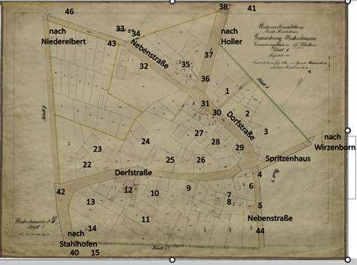 Gemarkung Untershausen, Gemarkungskarte in 15 Blättern, Blatt 1; Geometer Wirmserkirch im Jahr 1843. Ergänzt um Hausnummern der Häuser und Hofreiten.