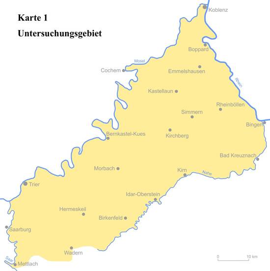 Karte des Untersuchungsgebietes zwischen den Flüssen Mosel, Rhein, Nahe und Saar