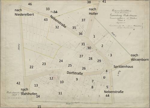 Gemarkung Untershausen, Gemarkungskarte in 15 Blättern, Blatt 1; Geometer Wirmserkirch im Jahr 1843. Ergänzt um Hausnummern der Häuser und Hofreiten.