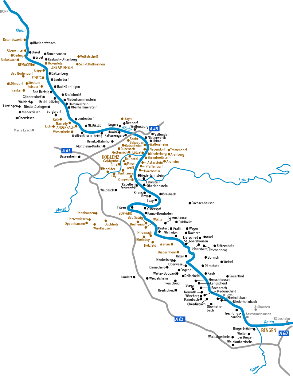 städte am rhein karte Städte & Dörfer am Mittelrhein   regionalgeschichte.net